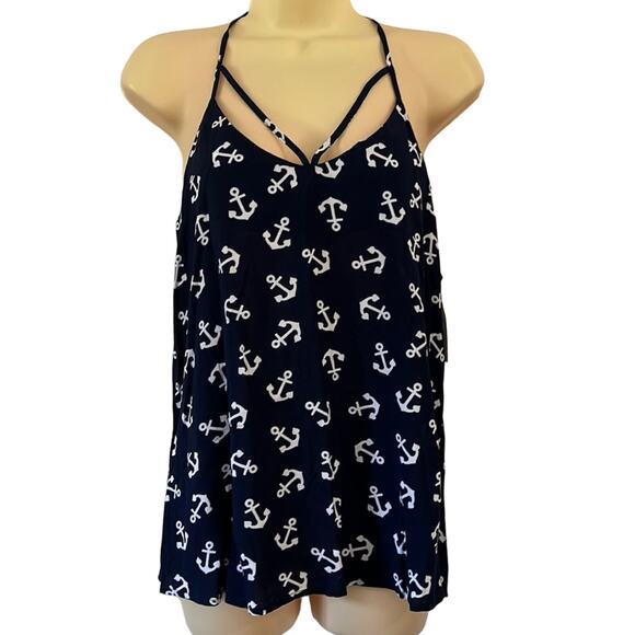 NOBO No Boundaries Size L Navy & White Anchor Print Strappy Tank Blouse - Picture 1 of 8